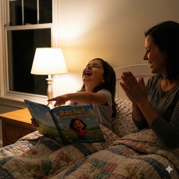 Child holding book, reading to parent